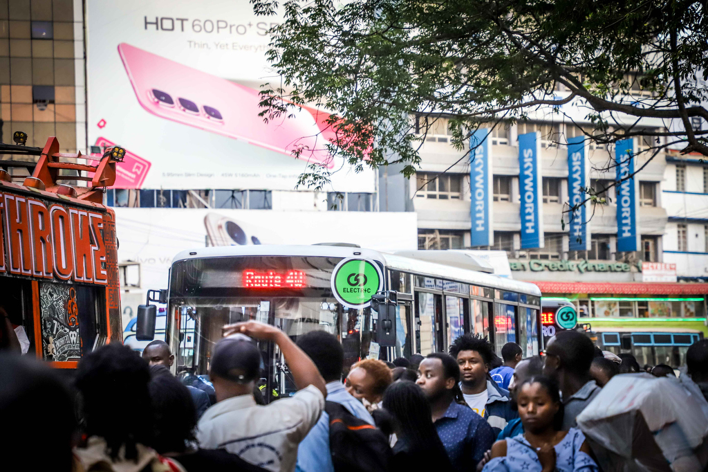 Latema Sacco electric Bus wanders through the street of Nairobi