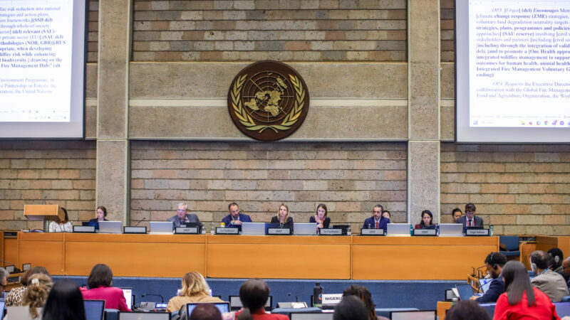 A wide conference hall at the United Nations Office in Nairobi filled with delegates seated at long rows of desks, many working on laptops and documents. At the front, a panel of speakers sits beneath large projection screens and a UNEP backdrop. Participants from various stakeholder groups—including scientific, local government, and civil society representatives—are engaged in drafting and amending environmental governance policies during UNEA-7.